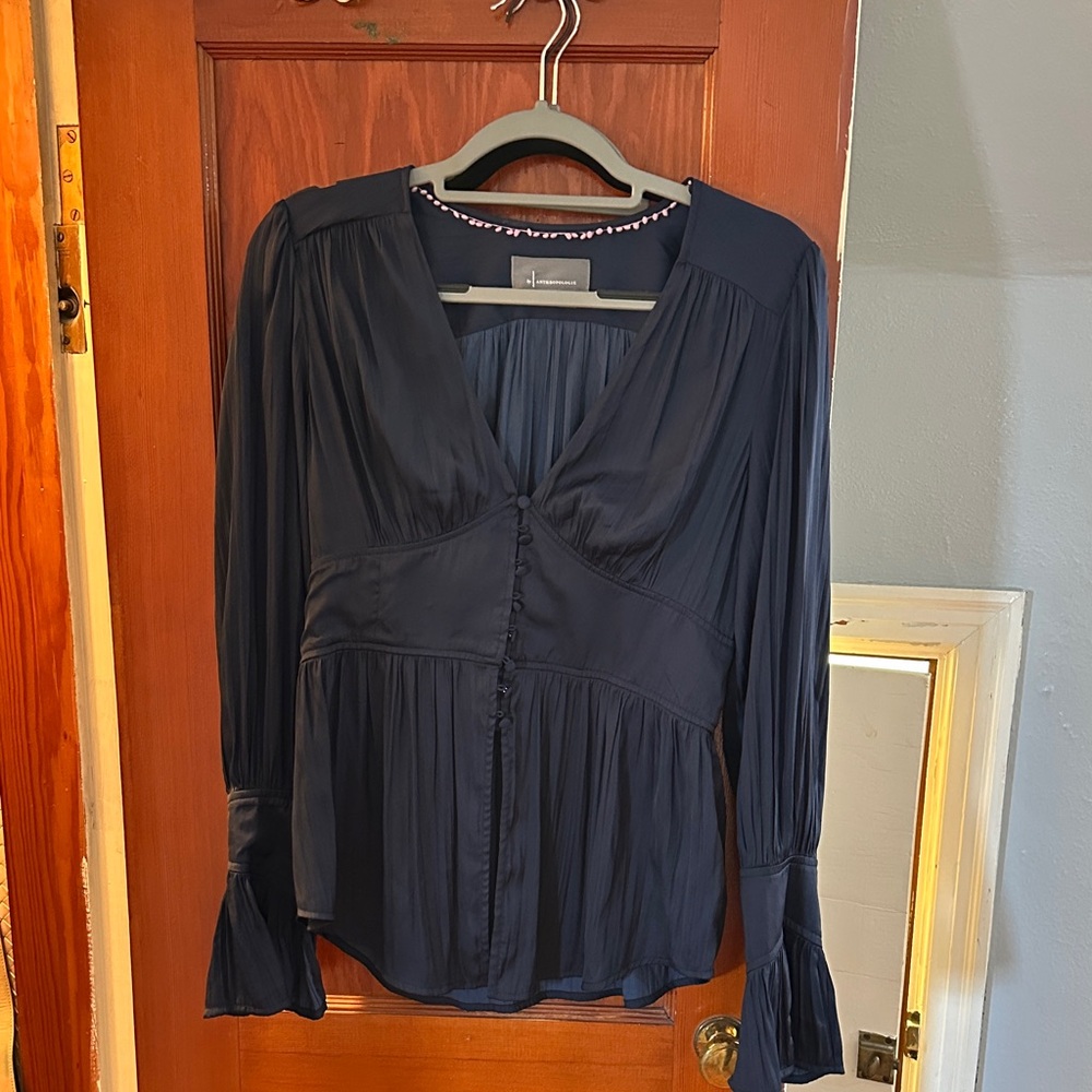Anthropologie Midnight Blue Pleated Blouse